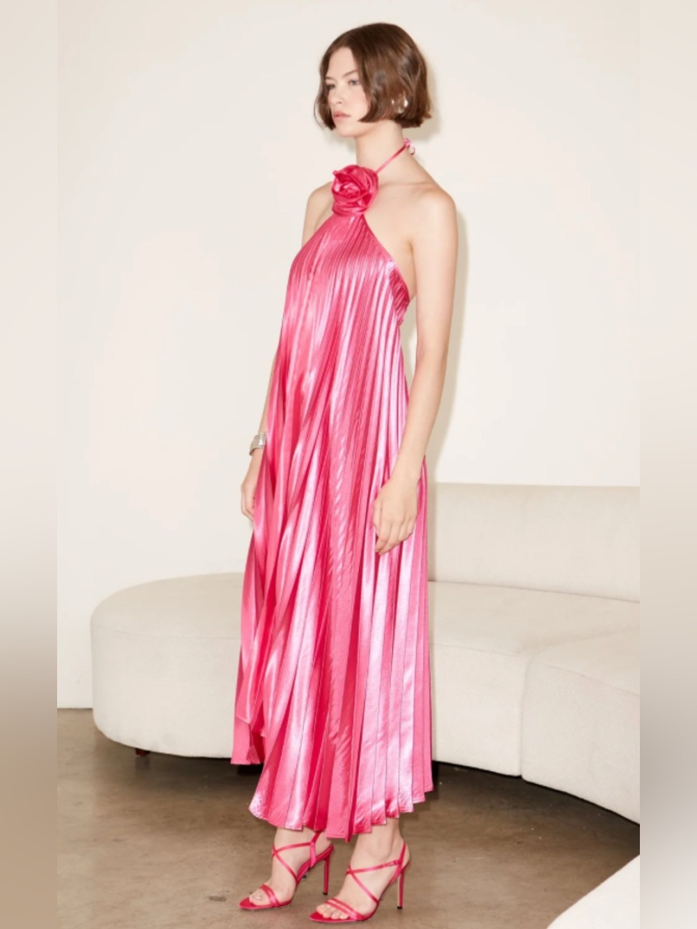 Delfi Collective Giselle size small halter Rosette Maxi Dress Fuchsia hot pink